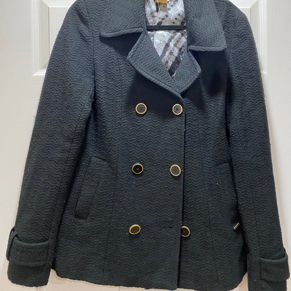Large black pea coat with gold buttons